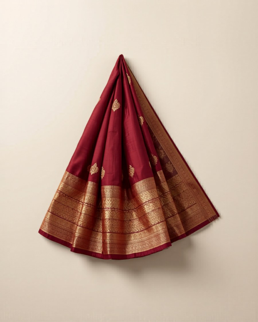 Banarasi silk saree in maroon with gold zari border